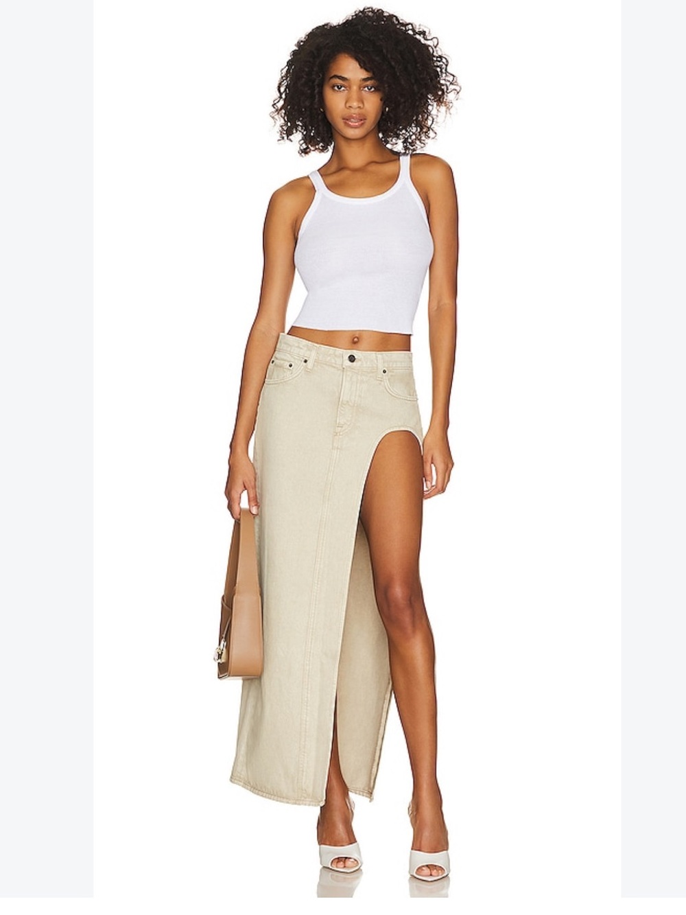 GRLFRND Blanca Beige High-Waist Denim Maxi Skirt with Side Slit